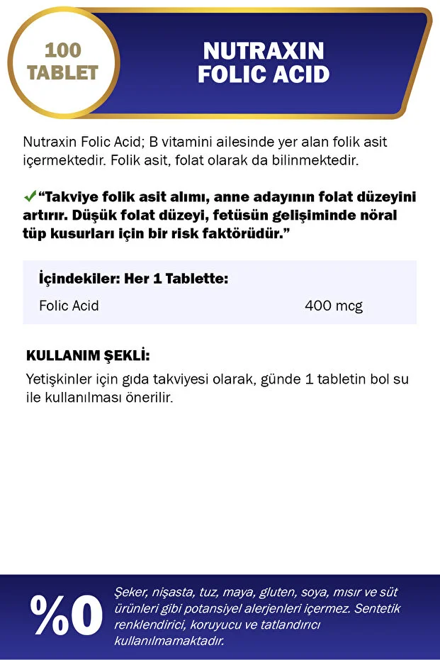 Folic Acid 400 mcg 100 Tablet | Folik Asit (B9)